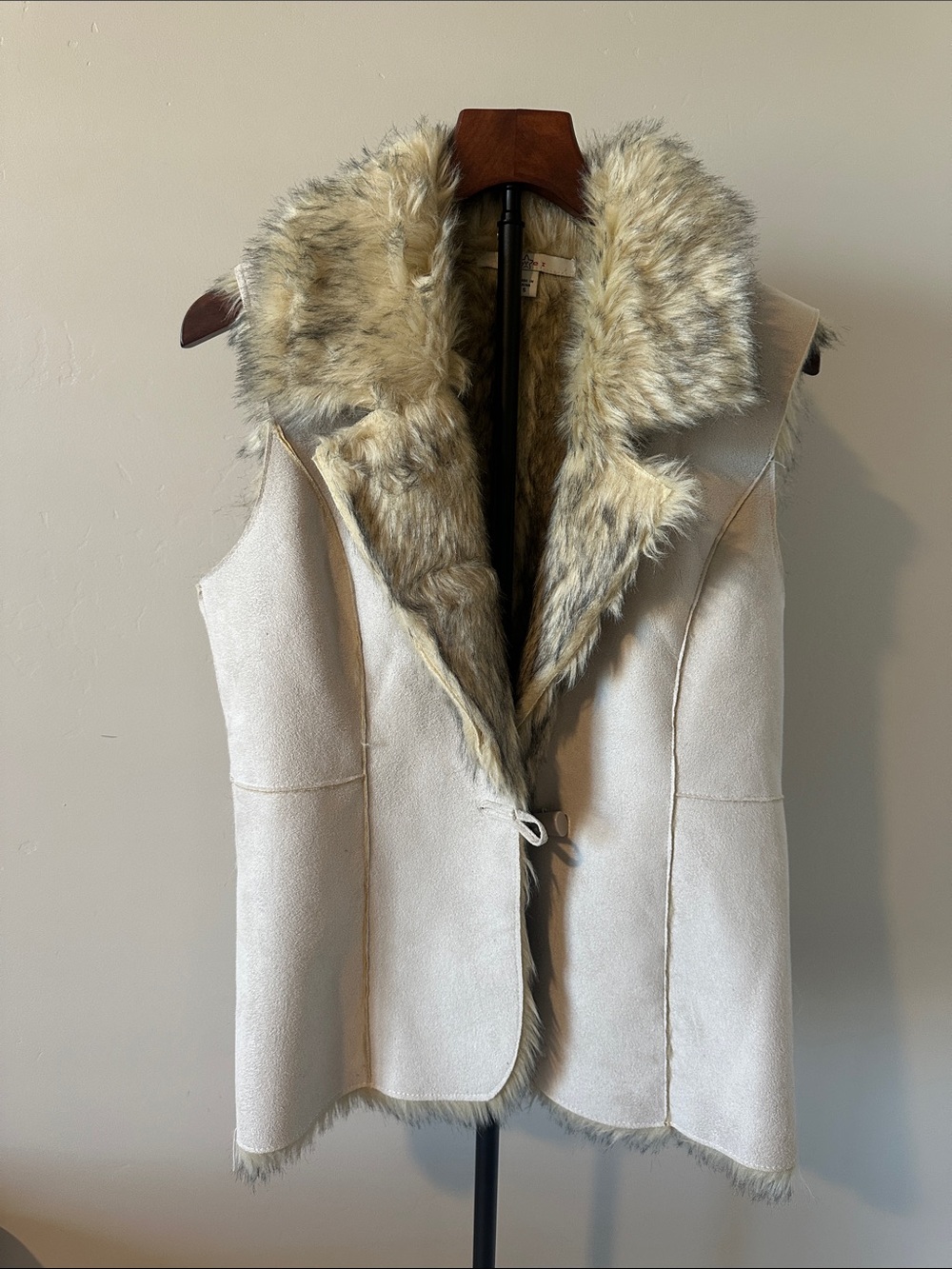 Fever Cream Faux Suede Vest with Faux Fur Trim